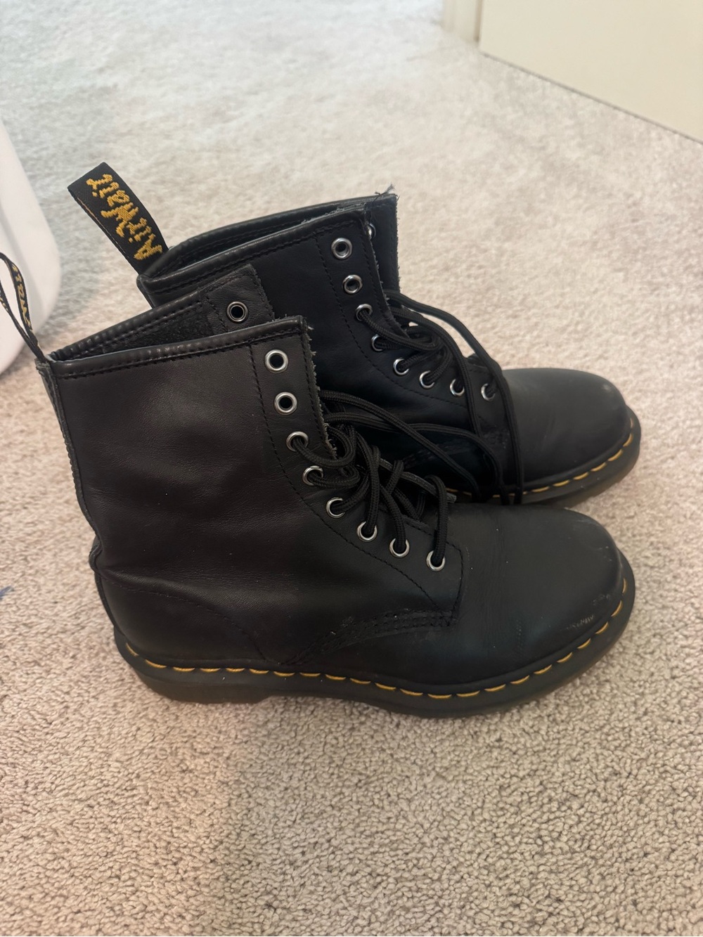 Dr. Martens Black Leather 8-Eye Lace-Up Boots with Yellow Stitching